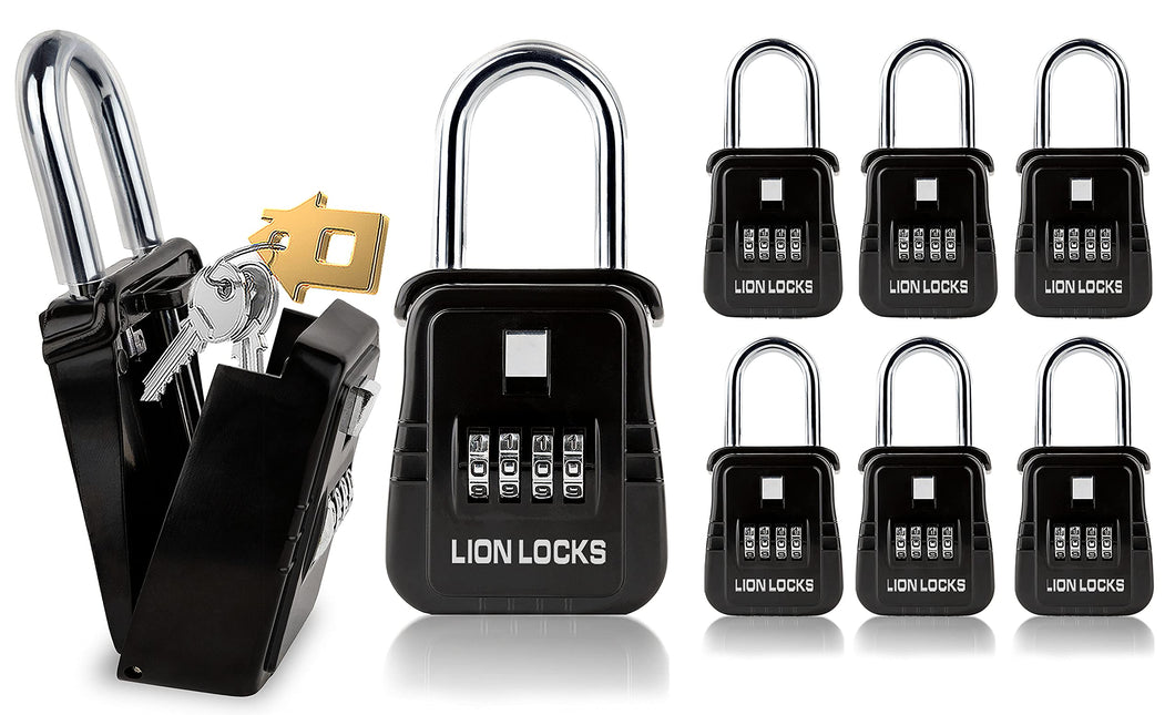 Lion Locks 1500 Key Lock Box with Code, Lockbox for Keys Outdoor, Realtor Lock Box, Key Lockbox for Short-Term Rentals, Key Safe Holds 5 Keys (6 Pack, Black)
