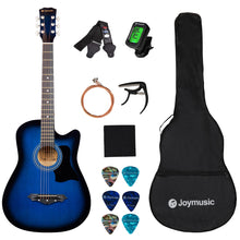 Load image into Gallery viewer, Joymusic 38 inch blueburst beginner acoustic guitar kit,bundle with a strap with picks holder,digital tuner, set strings, capo,cleaning cloth,6 picks,gig bag.(JG-38C,BLS)
