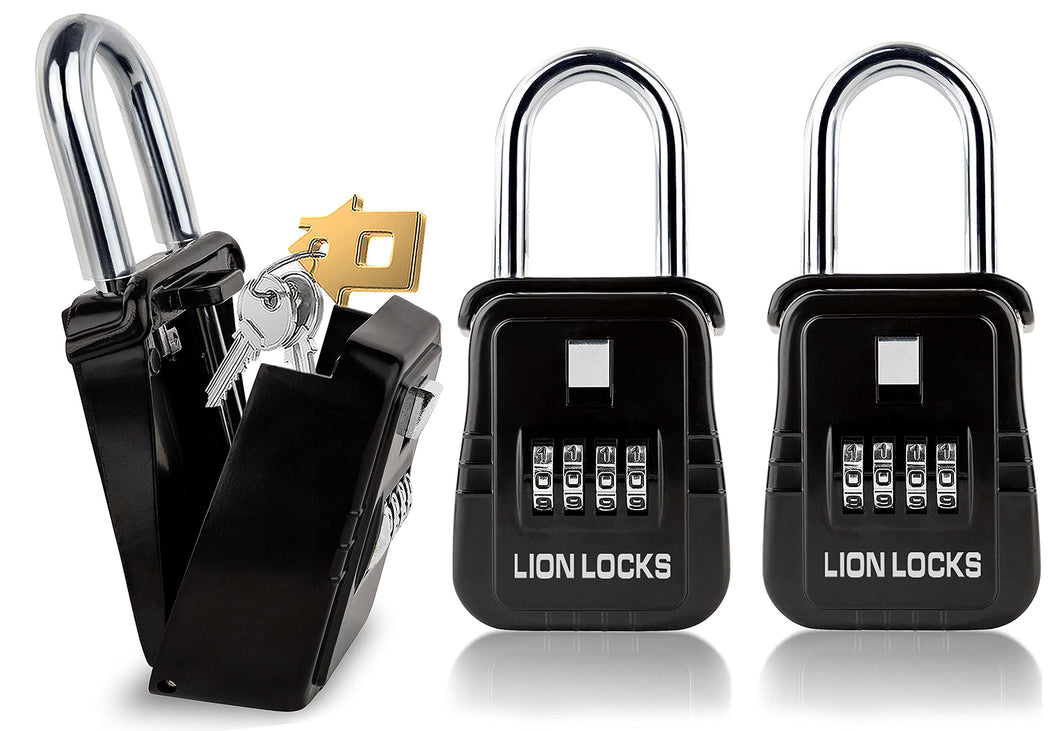 Lion Locks 1500 Key Lock Box with Code, Lockbox for Keys Outdoor, Realtor Lock Box, Key Lockbox for Short-Term Rentals, Key Safe Holds 5 Keys (2 Pack, Black)