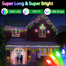 Load image into Gallery viewer, 1620 LED Christma Lights with 360 Drops, 164ft Outdoor Hanging lights with 8 Modes &amp; Timer Memory, Outsite Waterproof Curtain String Lights for Front House Fence Tree Holiday Decorations Multicolor
