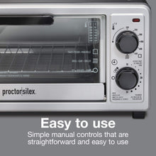 Load image into Gallery viewer, Proctor Silex 4 Slice Countertop Toaster Oven, Multi-Function with Bake, Toast and Broiler, 1100 Watts, 30 min timer and auto-shutoff, Includes Backing Pan and Rack, Black and Silver (31260)

