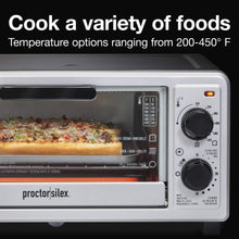 Load image into Gallery viewer, Proctor Silex 4 Slice Countertop Toaster Oven, Multi-Function with Bake, Toast and Broiler, 1100 Watts, 30 min timer and auto-shutoff, Includes Backing Pan and Rack, Black and Silver (31260)
