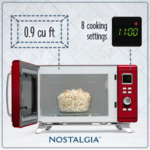 Load image into Gallery viewer, Nostalgia Mid-Century Retro Countertop Microwave Oven - Large 900-Watt - 0.9 cu ft - 8 Pre-Programmed Cooking Settings - Digital Clock - Kitchen Appliances - Red
