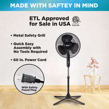 Load image into Gallery viewer, Comfort Zone Electric Oscillating Pedestal Fan, Stand Fan, 16 inch, 3 Speed, 90 Degree Oscillating Head, Adjustable Height and Tilt, Airflow 7.48 ft/sec, Ideal for Home, Bedroom &amp; Office, CZST161BTEBK
