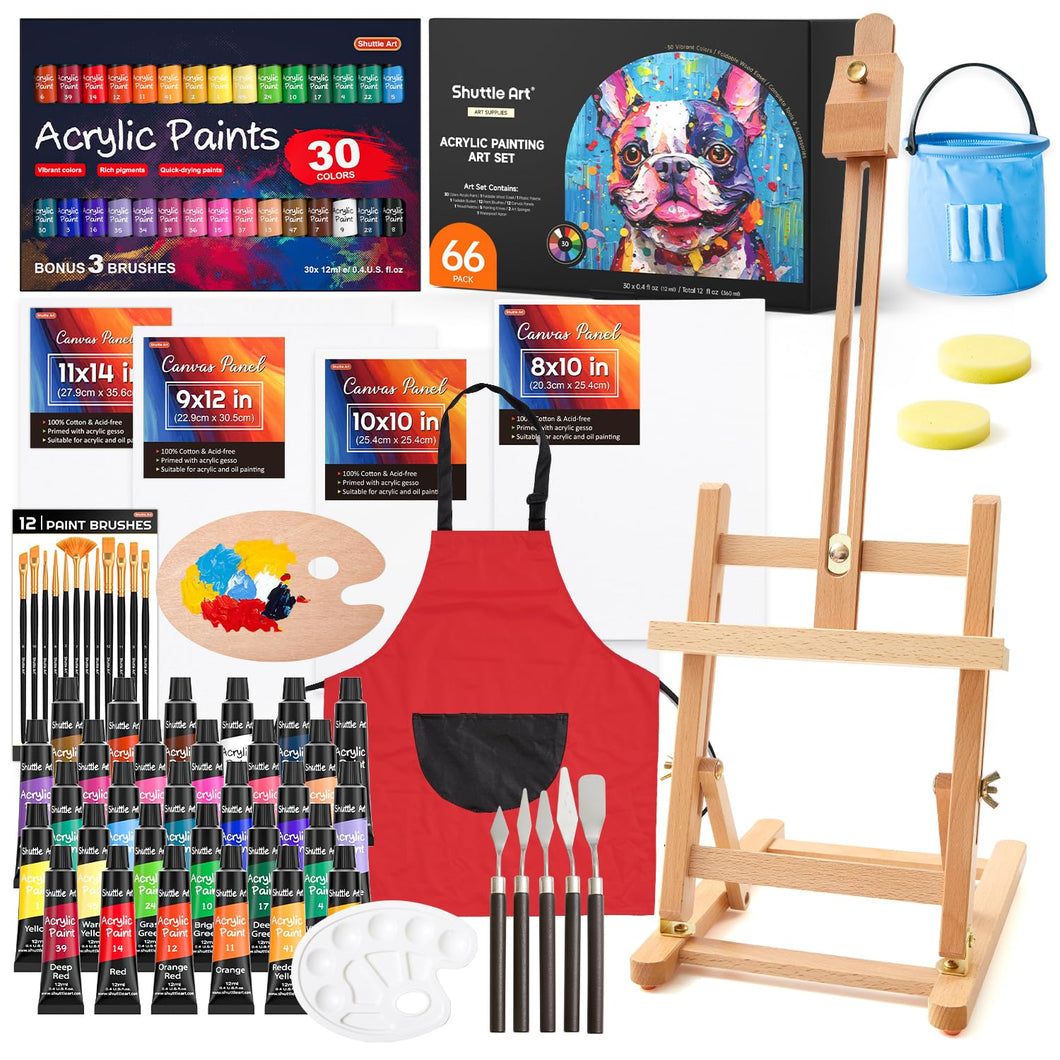 66 Pack Acrylic Paint Set, Shuttle Art Acrylic Painting Set with 30 Colors Acrylic Paint, Wooden Easel, Painting Canvas, Paint Brushes, Palettes, Art Painting Supplies for Kids Adults Beginner Artists