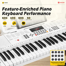 Load image into Gallery viewer, Vangoa Piano Keyboard for Beginners, VGK6101 61 Key Learning Keyboard Piano w/Lighted Keys, Electric Piano Keyboard with 600 Voices &amp; 50 Demos, Stand/Microphone, USB, Record, Split for Students
