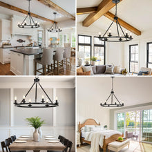 Load image into Gallery viewer, Black Farmhouse Chandelier, 6-Light Wagon Wheel Chandelier with Adjustable Height, Dining Room Light Fixture, Hanging Lights for Kitchen Island, Living Room, Bedroom, Entryway, E12 Base
