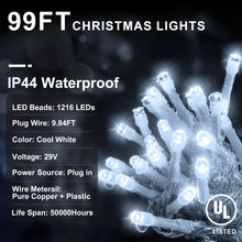 Load image into Gallery viewer, KNONEW 99FT 1216 LED Christmas Lights Outdoor Decorations 8 Modes White Curtain String Light with 228 Drops, Clear Wire LED String Light Indoor Decor for Wedding Party Holiday Christmas
