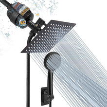 Load image into Gallery viewer, NearMoon Filtered Rain Shower Head, High Pressure 8″Square, and 5 settings Handheld Shower Filter Combo with Self-adhesive Holder/1.5M Hose -1 Replaceable Filter Cartridge (Matte Black)
