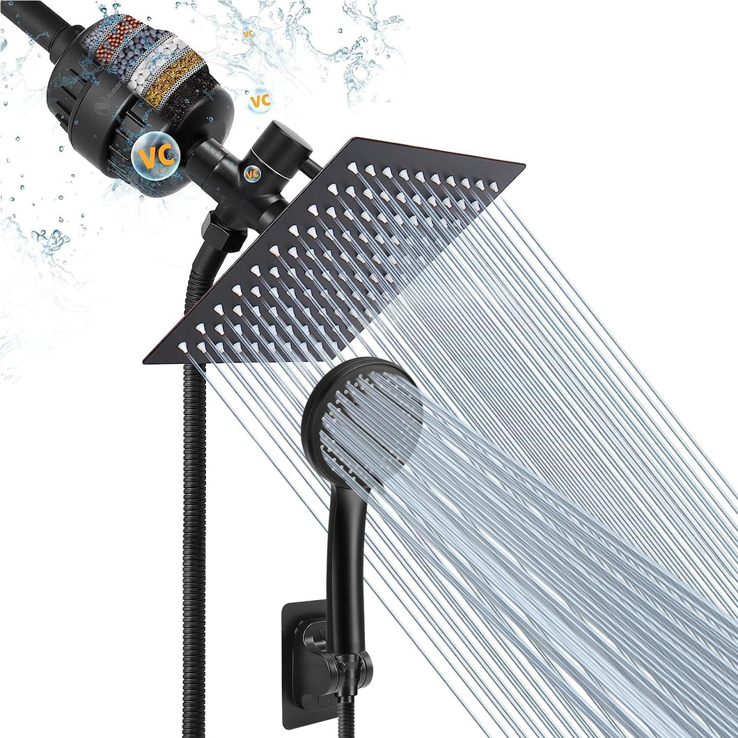 NearMoon Filtered Rain Shower Head, High Pressure 8″Square, and 5 settings Handheld Shower Filter Combo with Self-adhesive Holder/1.5M Hose -1 Replaceable Filter Cartridge (Matte Black)