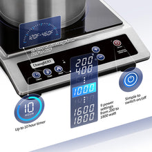 Load image into Gallery viewer, ChangBERT Induction Cooktop, Commercial Grade Portable Cooker, Large 8” Heating Coil, Premium Stainless Steel Countertop Burner with NSF Certified, 10 Hours Timer Powerful 1800W Professional Hot Plate
