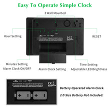 Load image into Gallery viewer, KWANWA Alarm Clock, Wall Clock, Digital Clock, 3&quot; LED Digit Display, Battery Operated, Adjustable Brightness, Auto Night Mode, Auto Alarm Volume Increasing, Wall-Mount &amp; Table-top
