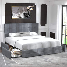 Load image into Gallery viewer, Allewie Upholstered Queen Size Platform Bed Frame with 4 Storage Drawers and Headboard, Square Stitched Button Tufted, Mattress Foundation with Wooden Slats Support, No Box Spring Needed, Light Grey
