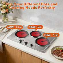Load image into Gallery viewer, CUSIMAX Hot Plate,1800W Triple Infrared Burner, Independent Temperature Control,Electric Stove Can Simultaneously Cook Three Dishes,Compatible for All Cookware,Stainless Steel for Easy Cleaning
