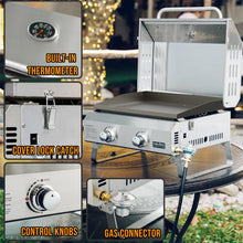Load image into Gallery viewer, Onlyfire Flat Top Gas Griddle with Lid &amp; Foldable Legs, 2-Burner Tabletop BBQ Propane Grill Griddle, Portable Grill Stove for Outdoor Cooking Patio Party Camping Tailgating RV, Stainless Steel, GS318
