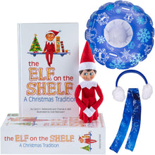 Load image into Gallery viewer, Elf On The Shelf Boy with Snow Tube Set - Blue Eyed Boy Elf Doll with Book and Winter Ski Gear - Tube, Scarf and Earmuffs- Customize Your Elf for Wintertime Adventures
