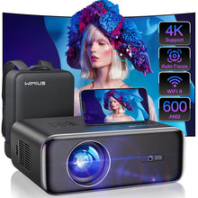 Load image into Gallery viewer, [Auto Focus/4K Support] Projector with WiFi 6 and Bluetooth 5.2, 600ANSI Native 1080P Outdoor Movie Projector, WiMiUS P62 Auto 6D Keystone &amp; 50% Zoom, Smart Home Projector for iOS/Android/TV Stick
