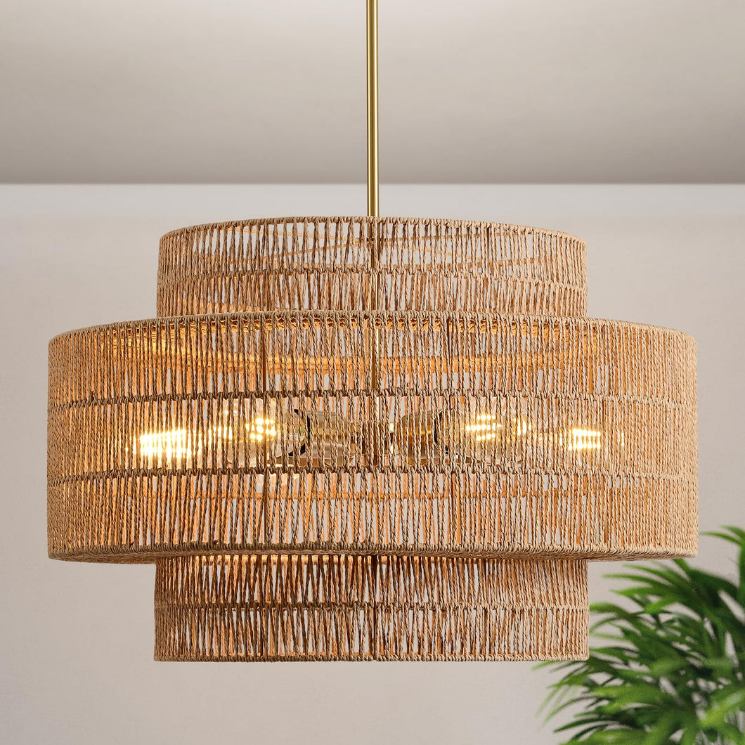 InterMaka 24” Boho Large Rattan Chandelier Light Fixture,6-Light Large Hand Woven Pendant Light Fixture Farmhouse Rustic Chandeliers for Kitchen Bedroom, Dining Room, Living Room, Hallway, Foyer