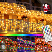 Load image into Gallery viewer, RGB 128 Function 16 Color Christmas Lights Outdoor Waterproof Color changing 504 LED 52FT Curtain Fairy Lights Outside 8 Modes with Timer Plug In Hanging String Lights for Wedding Party Home Garden

