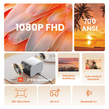 Load image into Gallery viewer, [Sound by JBL &amp; 700ANSI] Yaber 1080P Projector with WiFi 6 and Bluetooth, [Seamless Autofocus] Portable Outdoor Movie Projector, Home Theater Projector for iPhone/TV Stick/HDMI/USB/Laptop/PS5-White
