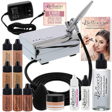 Load image into Gallery viewer, Belloccio Professional Beauty Airbrush Cosmetic Makeup System with 4 Medium Shades of Foundation in 1/4 Ounce Bottles - Kit Includes Blush, Bronzer and Highlighters
