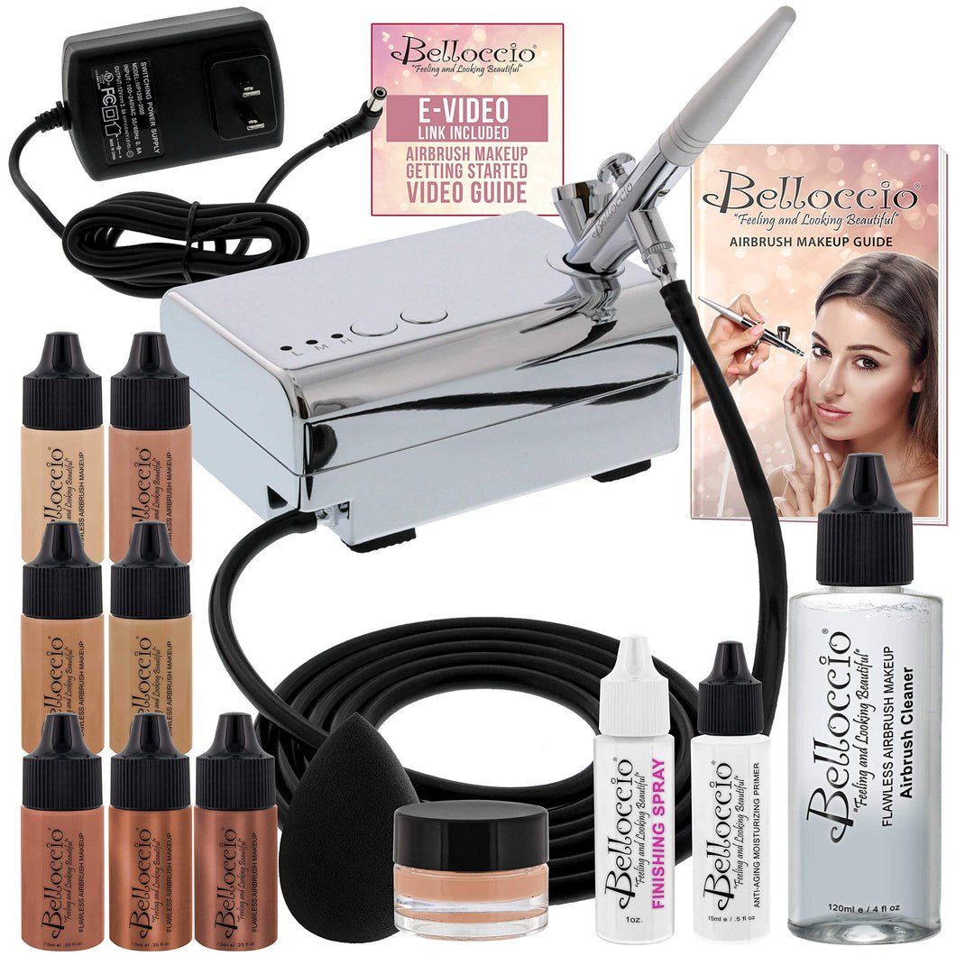 Belloccio Professional Beauty Airbrush Cosmetic Makeup System with 4 Medium Shades of Foundation in 1/4 Ounce Bottles - Kit Includes Blush, Bronzer and Highlighters