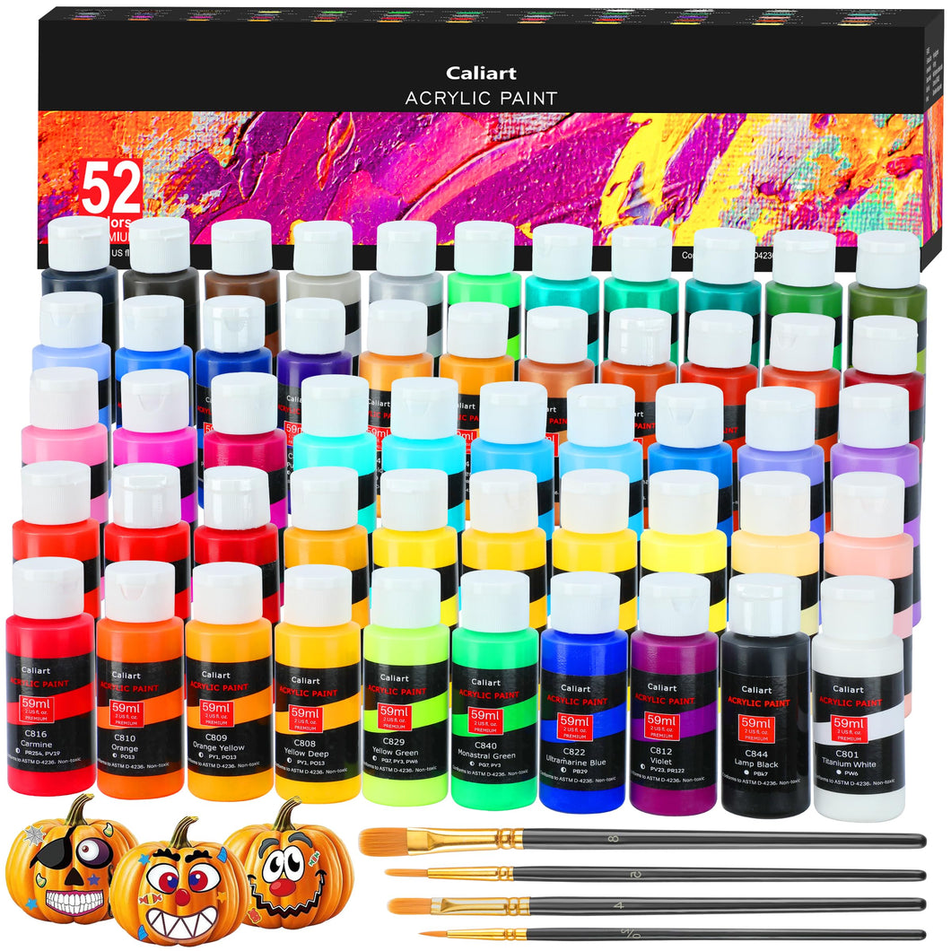 Caliart Acrylic Paint Set With 4 Brushes, 52 Colors (59ml, 2oz) Art Craft Paints for Artists Kids Students Beginners & Painters, Canvas Halloween Pumpkin Ceramic Wood Rock Painting Art Supplies Kit