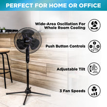 Load image into Gallery viewer, Comfort Zone Electric Oscillating Pedestal Fan, Stand Fan, 16 inch, 3 Speed, 90 Degree Oscillating Head, Adjustable Height and Tilt, Airflow 7.48 ft/sec, Ideal for Home, Bedroom &amp; Office, CZST161BTEBK

