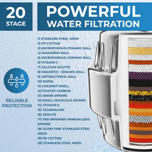 Load image into Gallery viewer, AquaHomeGroup 20 Stage Shower Head Filter with Vitamin C E A for Hard Water - High Output Filter to Remove Chlorine and Fluoride - 2 Replacement Cartridges - Consistent Flow Showerhead Filter
