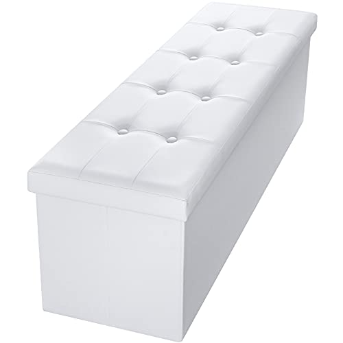 Camabel Folding Ottoman Storage Bench Cube 44 inch Hold up 700lbs Faux Leather Long Chest with Memory Foam Seat Footrest Padded Upholstered Stool for Bedroom Box Bed Coffee Table Rectangular White