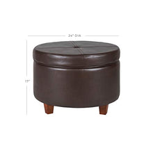 Load image into Gallery viewer, HomePop Round Leatherette Storage Ottoman with Lid, Chocolate Brown
