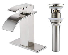 Load image into Gallery viewer, VOTON Waterfall Spout Single Handle Bathroom Faucet Brushed Nickel Commercial Modern Lavatory Tap with Pop-up Drain
