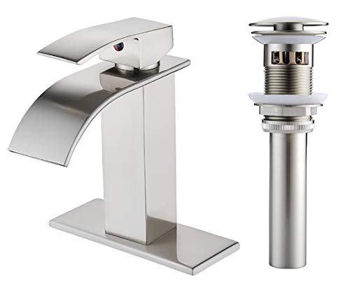 VOTON Waterfall Spout Single Handle Bathroom Faucet Brushed Nickel Commercial Modern Lavatory Tap with Pop-up Drain
