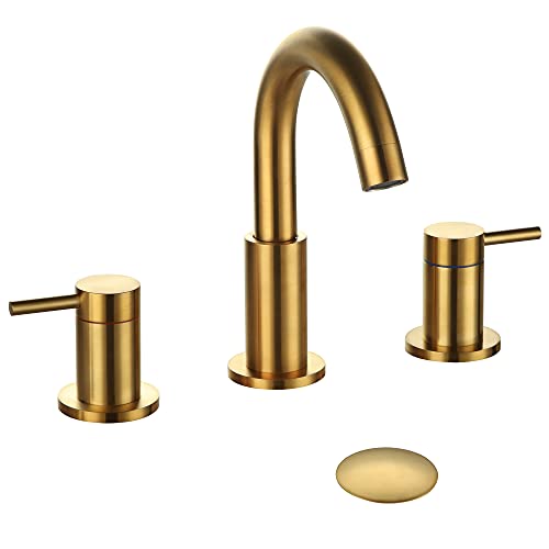 Hideno Brushed Gold Bathroom Faucet ,Two Handle 8 inch Widespread Bathroom Sink Faucet Gold with Pop-up Drain & Supply Lines (Brushed Gold)