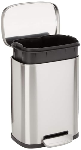 Amazon Basics Smudge Resistant Small Rectangular Trash Can With Soft-Close Foot Pedal, Brushed Stainless Steel, 5 Liter/1.32 Gallon, Satin Nickel Finish