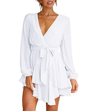 Load image into Gallery viewer, Cosonsen Womens White Dress Deep V-Neck Long Sleeve Tie Waist Ruffle Swing Dress S
