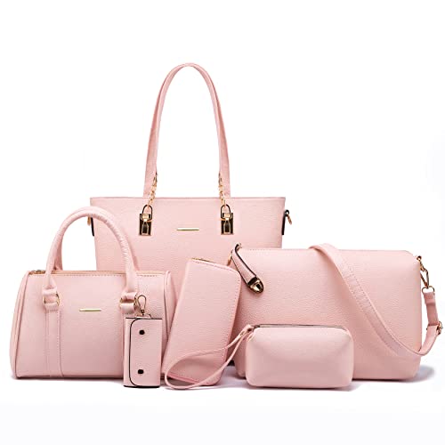 2E-youth Women Designer Purses And Handbags Set Satchel Shoulder Bags Tote Bags 6pcs Wallets (light pink)