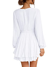 Load image into Gallery viewer, Cosonsen Womens White Dress Deep V-Neck Long Sleeve Tie Waist Ruffle Swing Dress S
