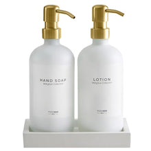 Load image into Gallery viewer, MaisoNovo Glass Soap Dispenser with Pump | Vintage Bathroom and Kitchen Soap Dispenser Set with Dish Soap, Hand Soap, Lotion Waterproof Labels | White Bottles Gold Pumps - Set of 2
