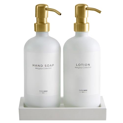 MaisoNovo Glass Soap Dispenser with Pump | Vintage Bathroom and Kitchen Soap Dispenser Set with Dish Soap, Hand Soap, Lotion Waterproof Labels | White Bottles Gold Pumps - Set of 2