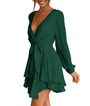 Load image into Gallery viewer, Womens Mini Dress Deep V-Neck Long Sleeve Tie Waist Flare Short Dresses Green S
