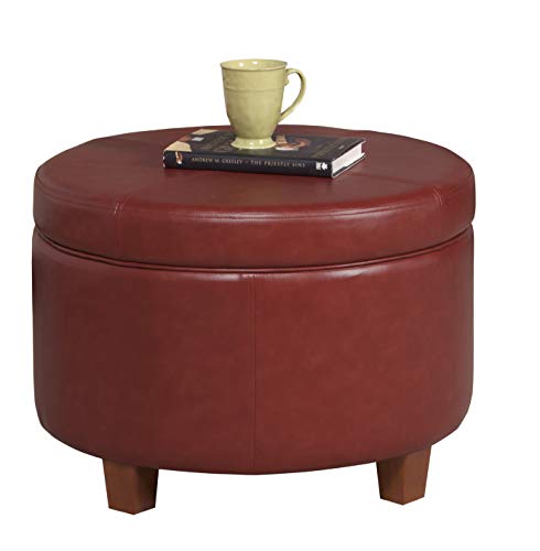 HomePop Round Leatherette Storage Ottoman with Lid, Cinnamon Red