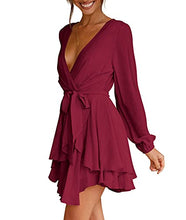 Load image into Gallery viewer, Womens Sexy V-Neck Long Sleeve Tie Waist Knot Ruffle Short Dress Burgundy M
