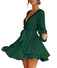 Load image into Gallery viewer, Womens Mini Dress Deep V-Neck Long Sleeve Tie Waist Flare Short Dresses Green S
