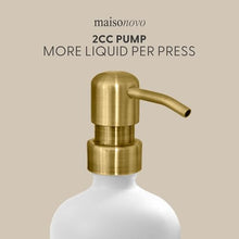 Load image into Gallery viewer, MaisoNovo Glass Soap Dispenser with Pump | Vintage Bathroom and Kitchen Soap Dispenser Set with Dish Soap, Hand Soap, Lotion Waterproof Labels | White Bottles Gold Pumps - Set of 2
