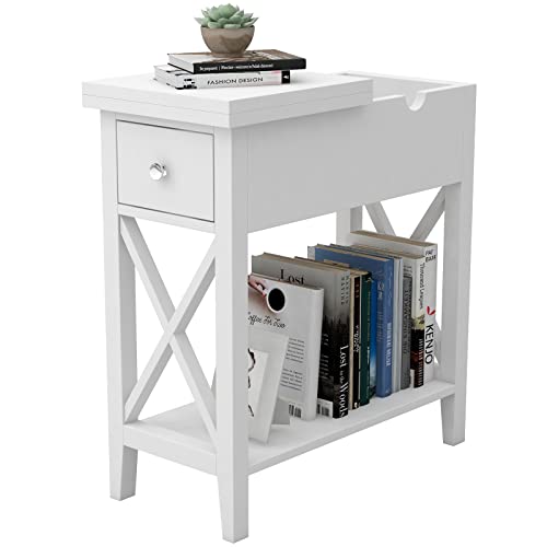 ChooChoo Flip Top Open End Table, Narrow Side Table Slim End Table for Living Room Bedroom, White