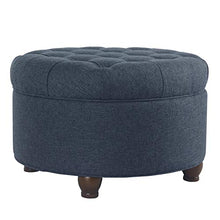 Load image into Gallery viewer, Homepop Home Decor | Large Button Tufted Woven Round Storage Ottoman | Ottoman with Storage for Living Room &amp; Bedroom (Navy Woven)
