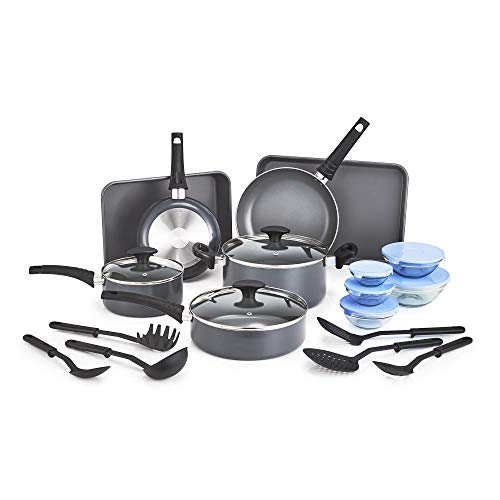 BELLA Nonstick Cookware Set with Glass Lids - Aluminum Bakeware, Pots and Pans, Storage Bowls & Utensils, Compatible with All Stovetops, 21 Piece, Black