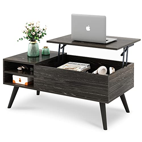 WLIVE Wood Lift Top Coffee Table with Hidden Compartment and Adjustable Storage Shelf, Lift Tabletop Dining Table for Home Living Room, Office, Charcoal Black