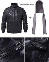 Load image into Gallery viewer, FLAVOR Men&#39;s Leather Motorcycle Jacket with Removable Hood Brown Pigskin (Large(US standard), Black+Gray)
